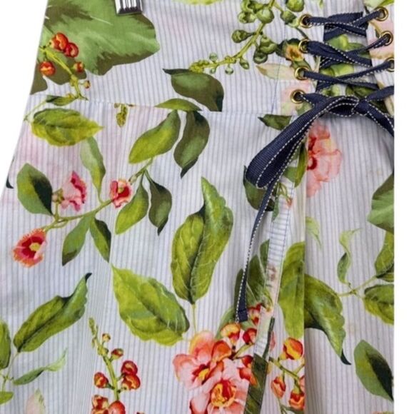 Tommy Hilfiger Blue Pinstripe Floral Print Waist Lace Up Ruffle Hem Midi Skirt - Picture 10 of 14